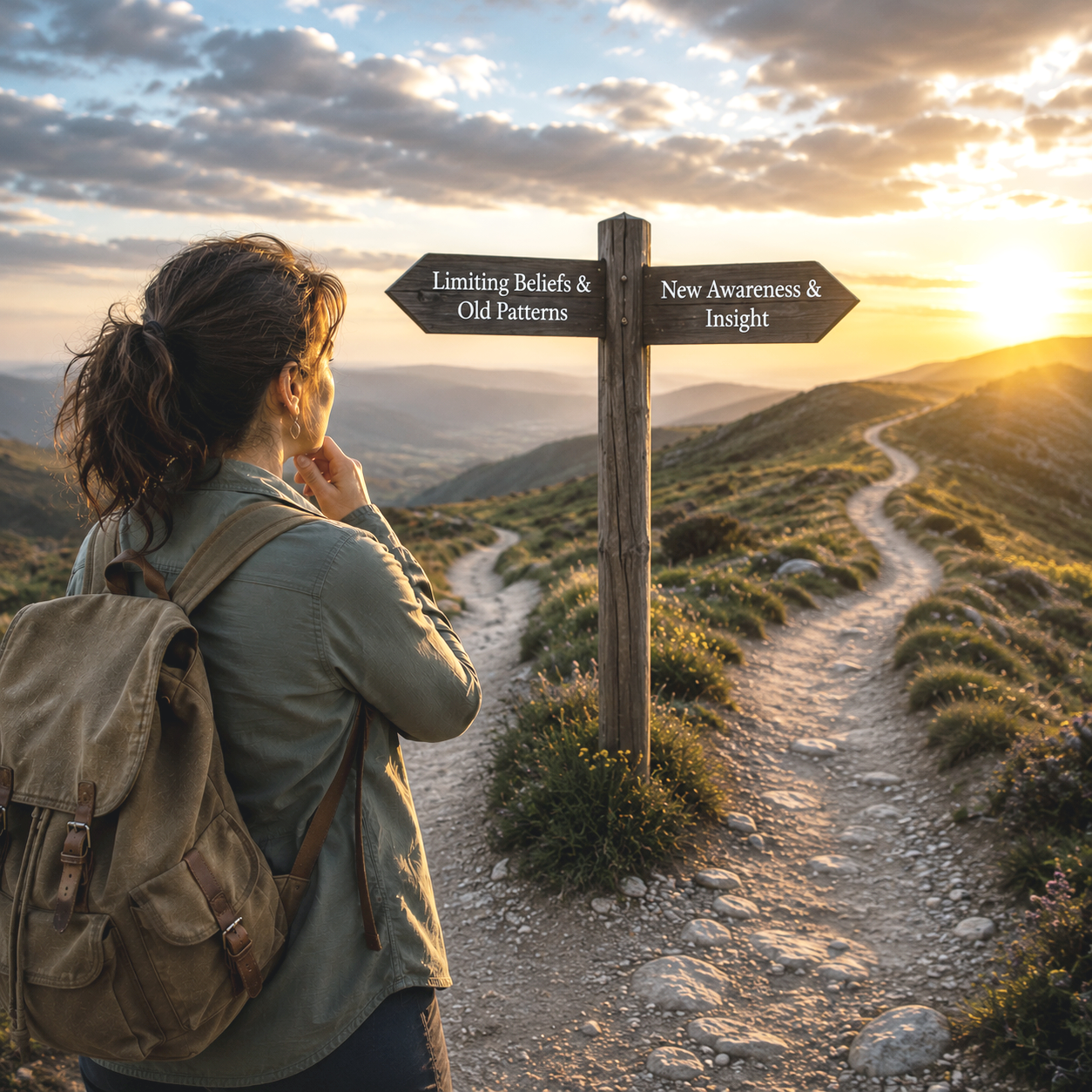 A woman with a backpack standing at a fork in a mountain trail during sunset, looking at a signpost with options for merging old patterns or gaining insight, suggesting personal growth.