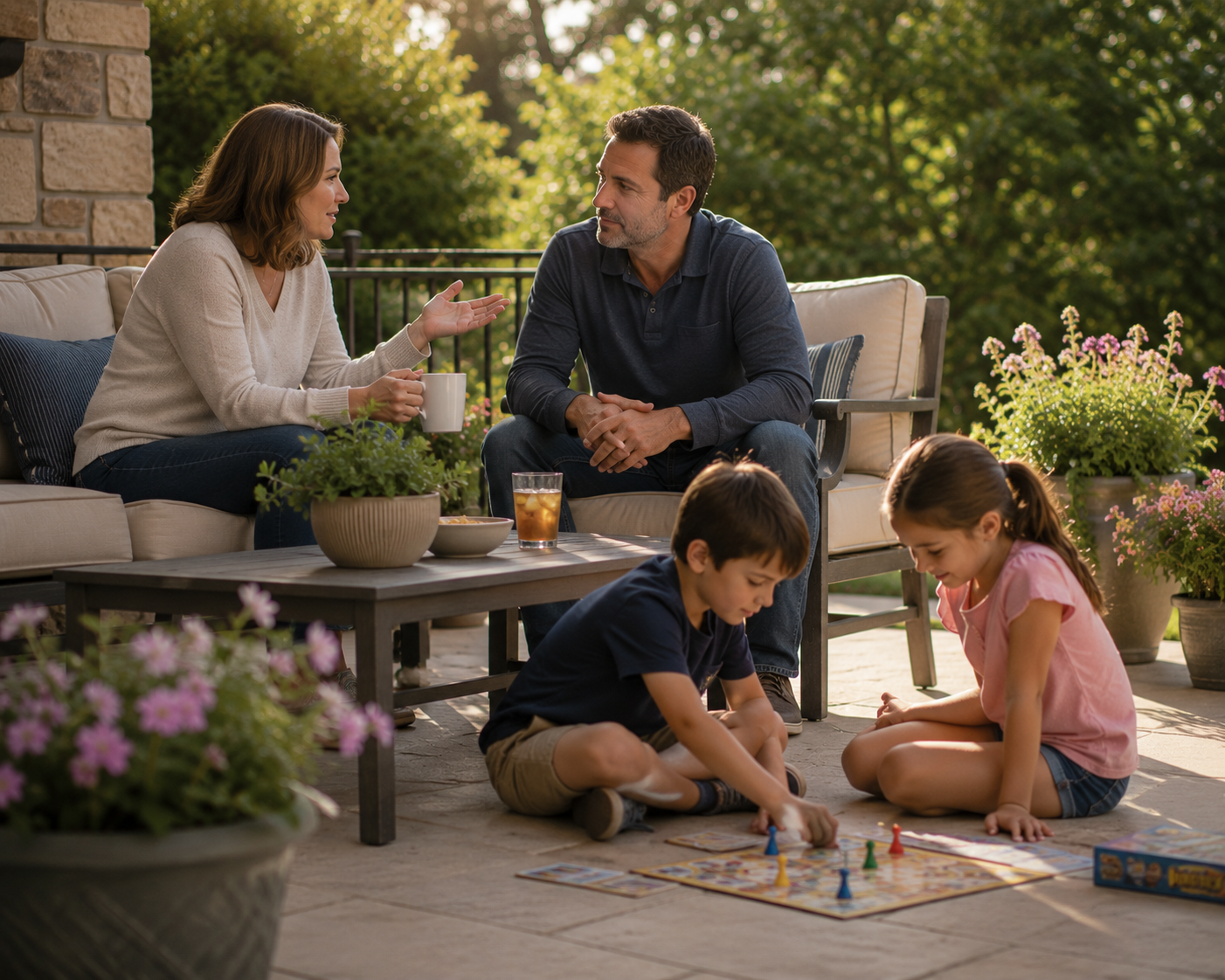 Parents talking on a patio as their children play games on the ground near them