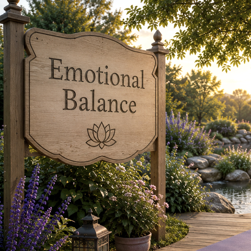 A wooden sign reading 'Emotional Balance' with a lotus flower symbol, set in a peaceful outdoor garden with a yoga mat, rolled towel, lantern, and water fountain during sunset.