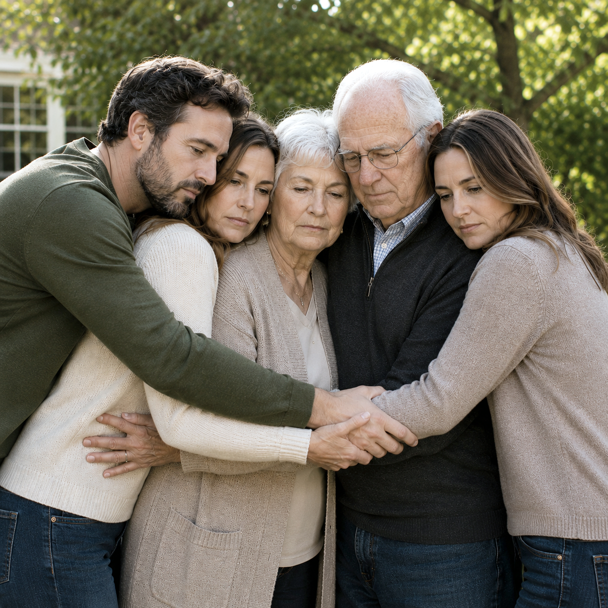 a family hug with two adult children and two elderly people