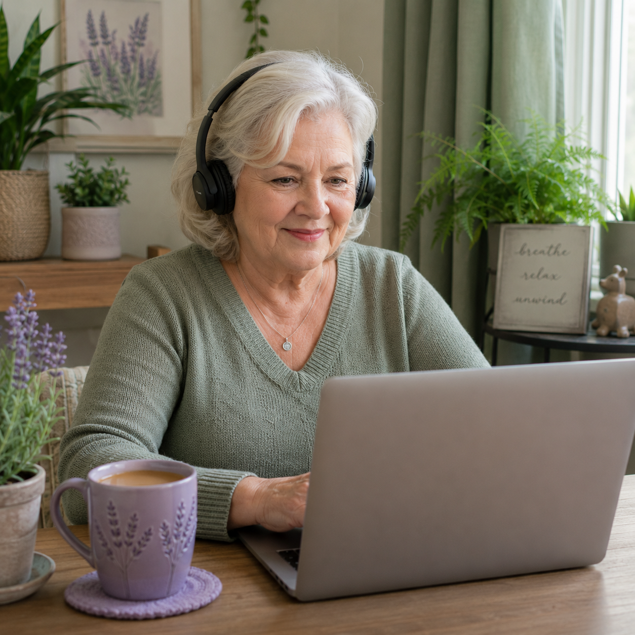 An elderly woman, engaged in online, virtual EMDR, with white hair wearing a green sweater and headphones sitting at a wooden table with a laptop, a purple mug, and potted plants in a cozy, decorated room.