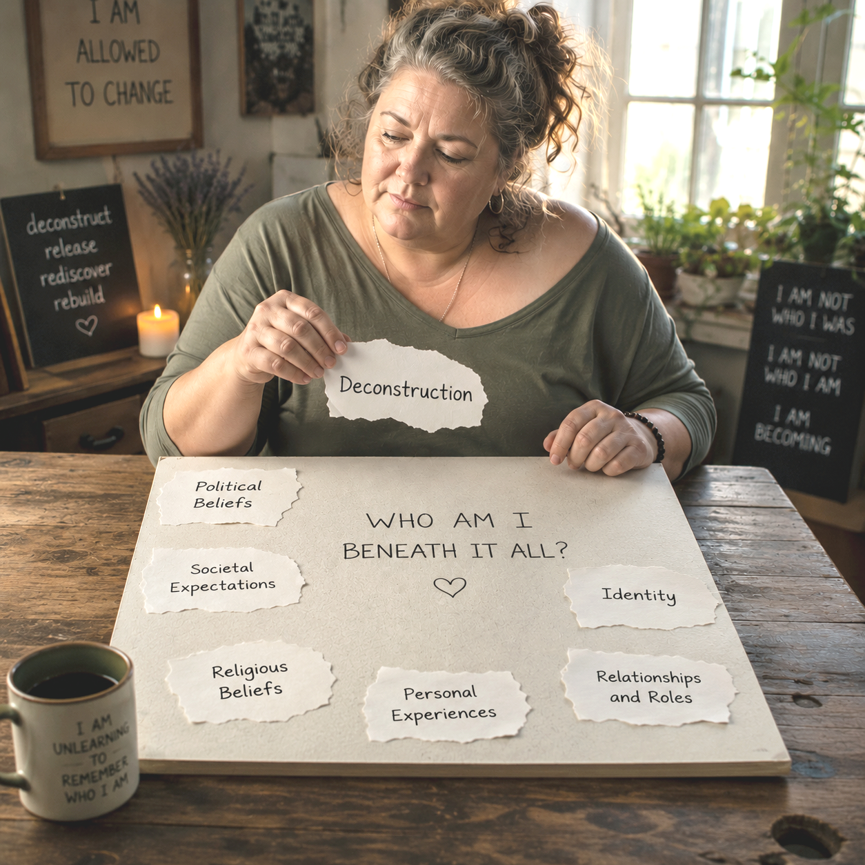 A woman sitting at a wooden table holding torn paper with the word "Deconstruction" written on it. In front of her is a large sheet of paper with the question "Who am I beneath it all?" surrounded by torn paper notes with words like "Political Beliefs," "Societal Expectations," "Religious Beliefs," "Personal Experiences," "Identity," and "Relationships and Roles." The background has signs with messages about change and identity, and a cup of coffee is on the table.