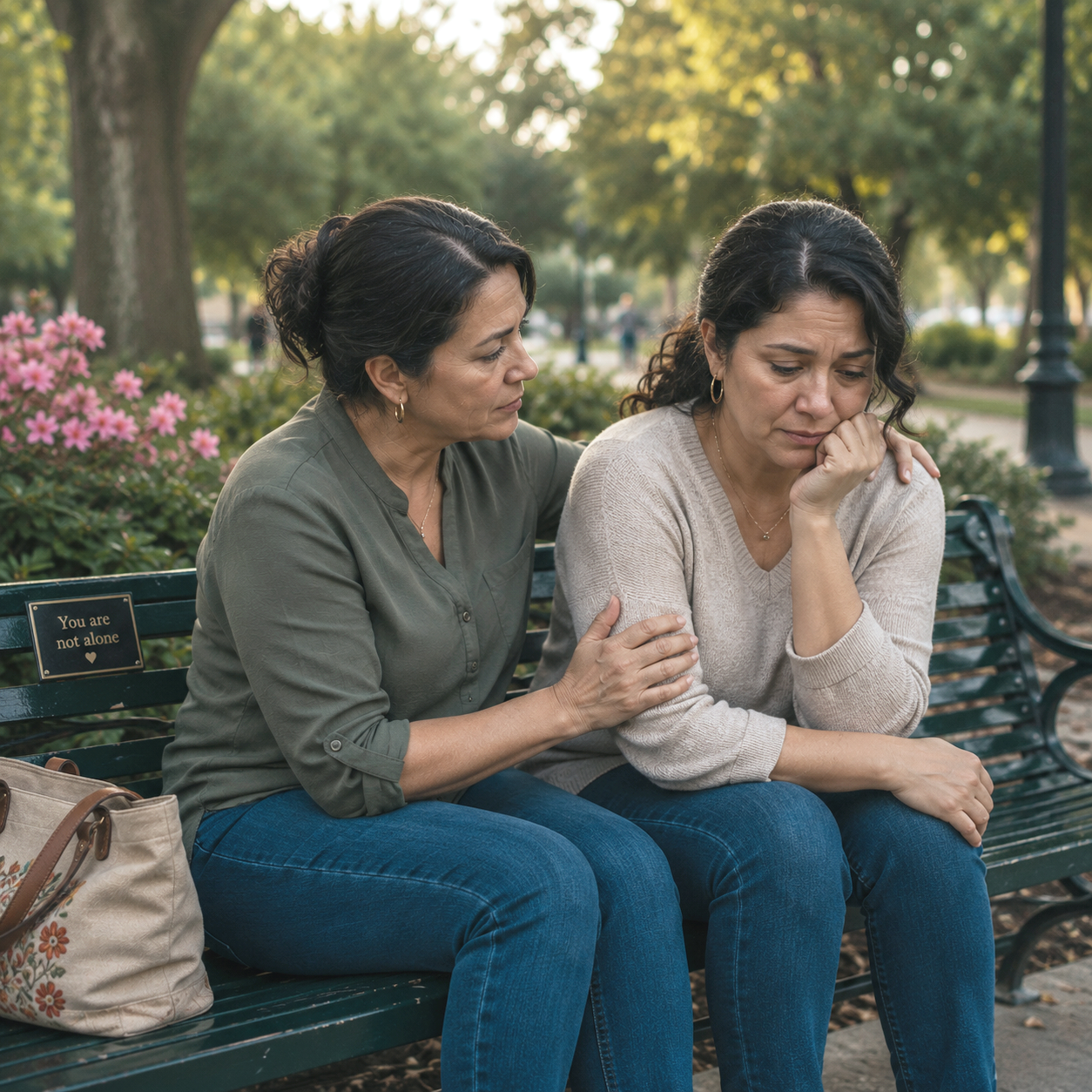 An elderly woman appears to be crying while sitting near an elderly man outdoors in a park during autumn.