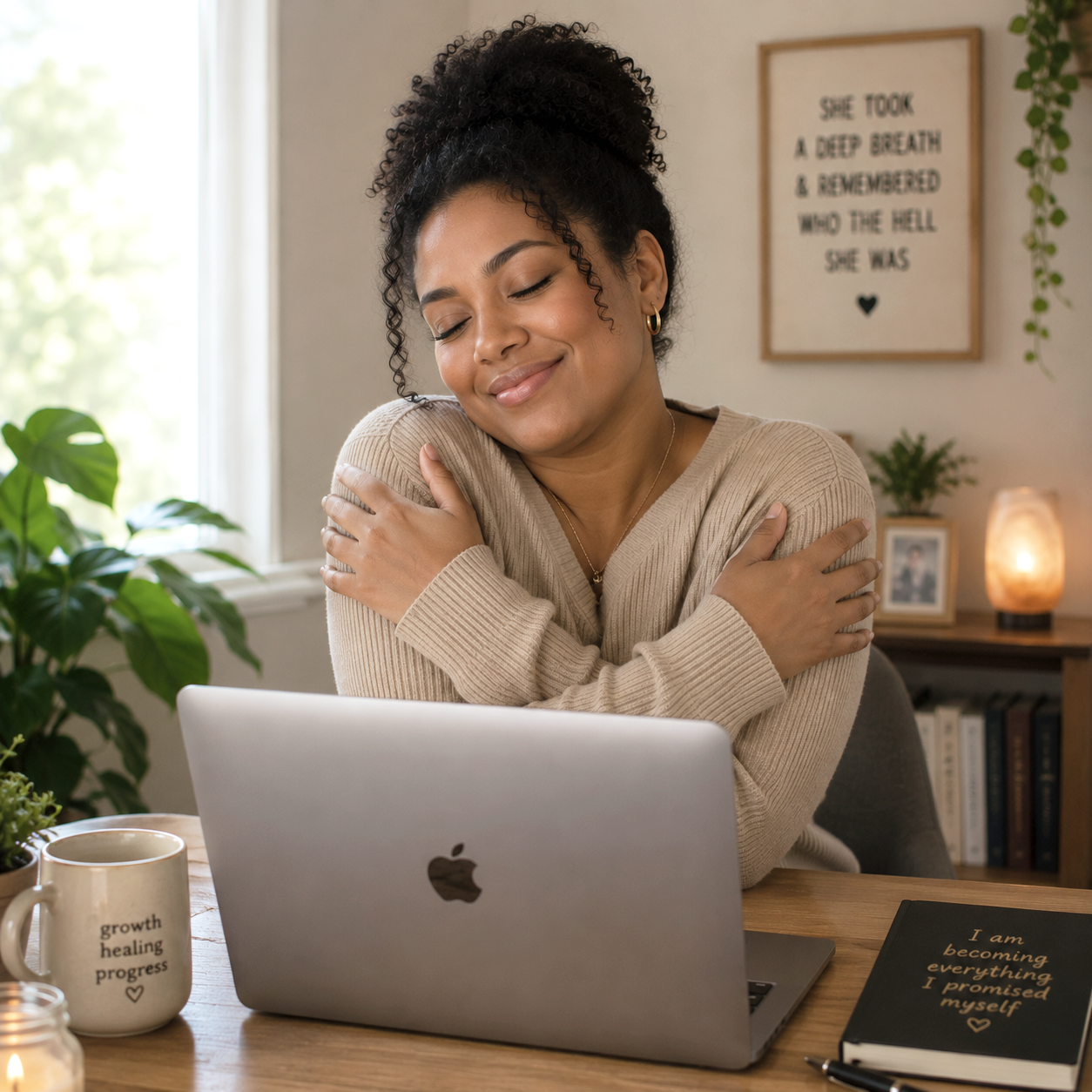A woman, demonstrating bilateral stimulation in an EMDR session, with curly hair hugging herself while sitting in front of a laptop in a cozy, well-lit room with plants and decorative items.