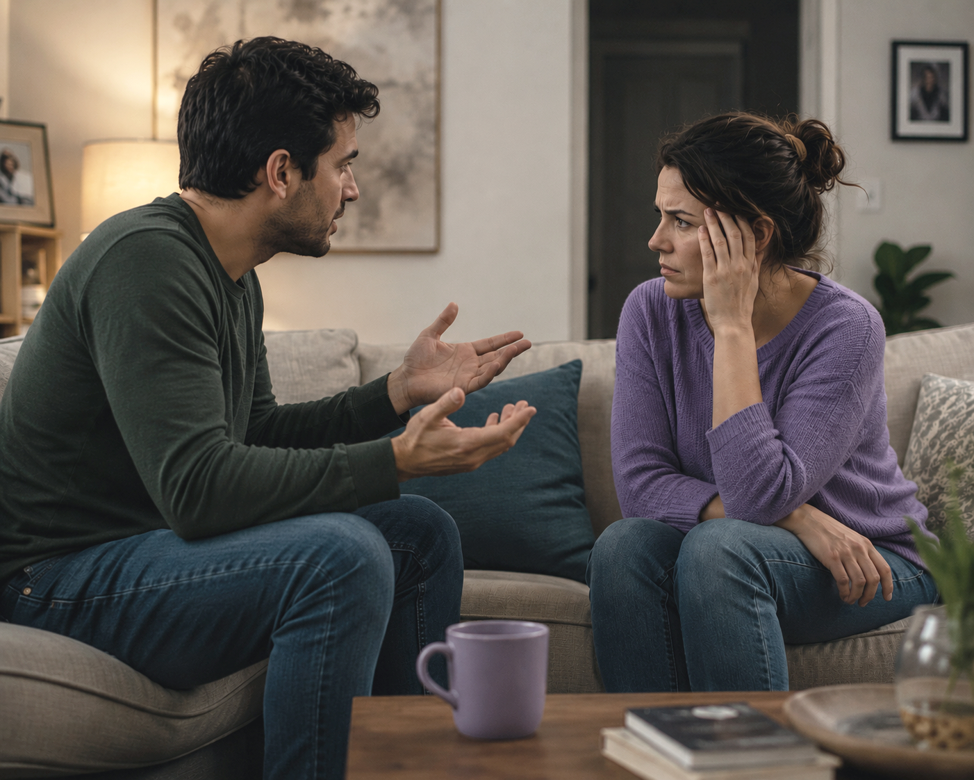 A man and a woman sit on a sofa having an intense conversation in the aftermath of a shared traumatic experience. The man looks upset and is gesturing with his hands, while the woman appears distressed, holding her head with one hand.