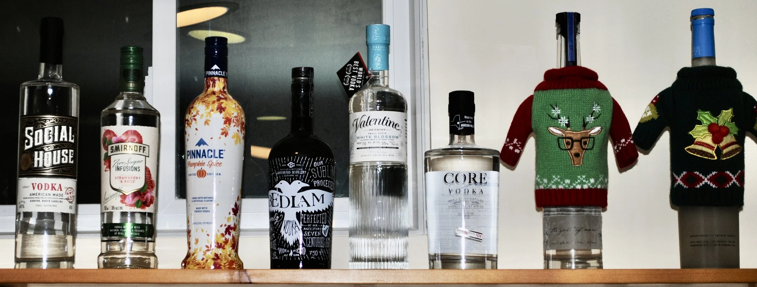 Social House, 
Smirnoff Infusion – strawberry & rose, 
Pinnacle – pumpkin spice, 
Bedlam, 
Valentine – white blossom, 
Core, 
Cold River – blueberry (Rudolph sweater), 
Cirrus (christmas bells sweater) 