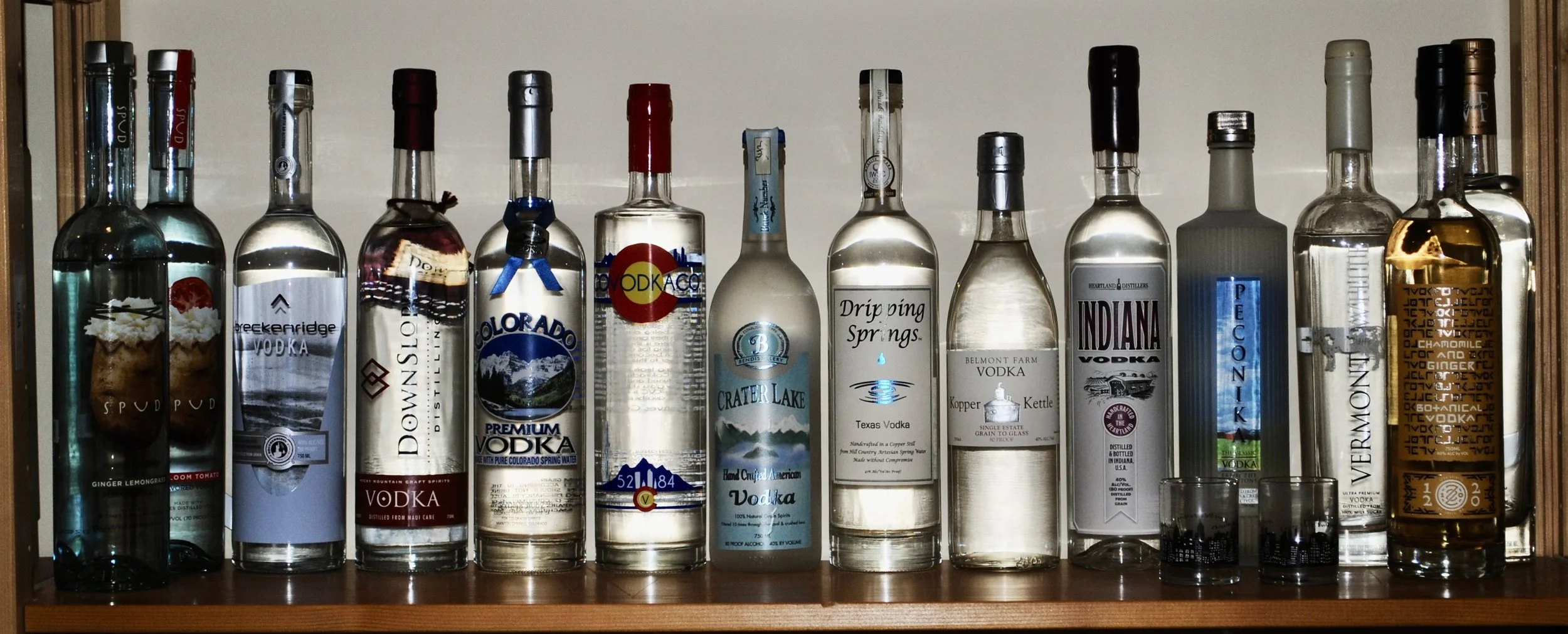 USA - Spud – ginger lemongrass, Spud – heirloom tomato, Breckenridge, Downslope, Colorado, COVODKACO 5284, Crater Lake, Dripping Springs, Belmont Farm / Kopper Kettle, Indiana (Heartland), Peconika, Vermont White, Vermont Gold 
