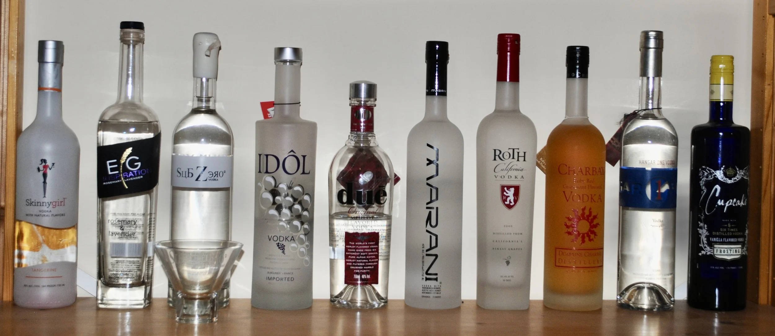 USA - Skinny Girl, EG Inspiration – rosemary & lavender, SubZero, Idol, Due, Marani, Roth, Charbay – ruby red, Hanger 1, Cupcake – vanilla frosting 
