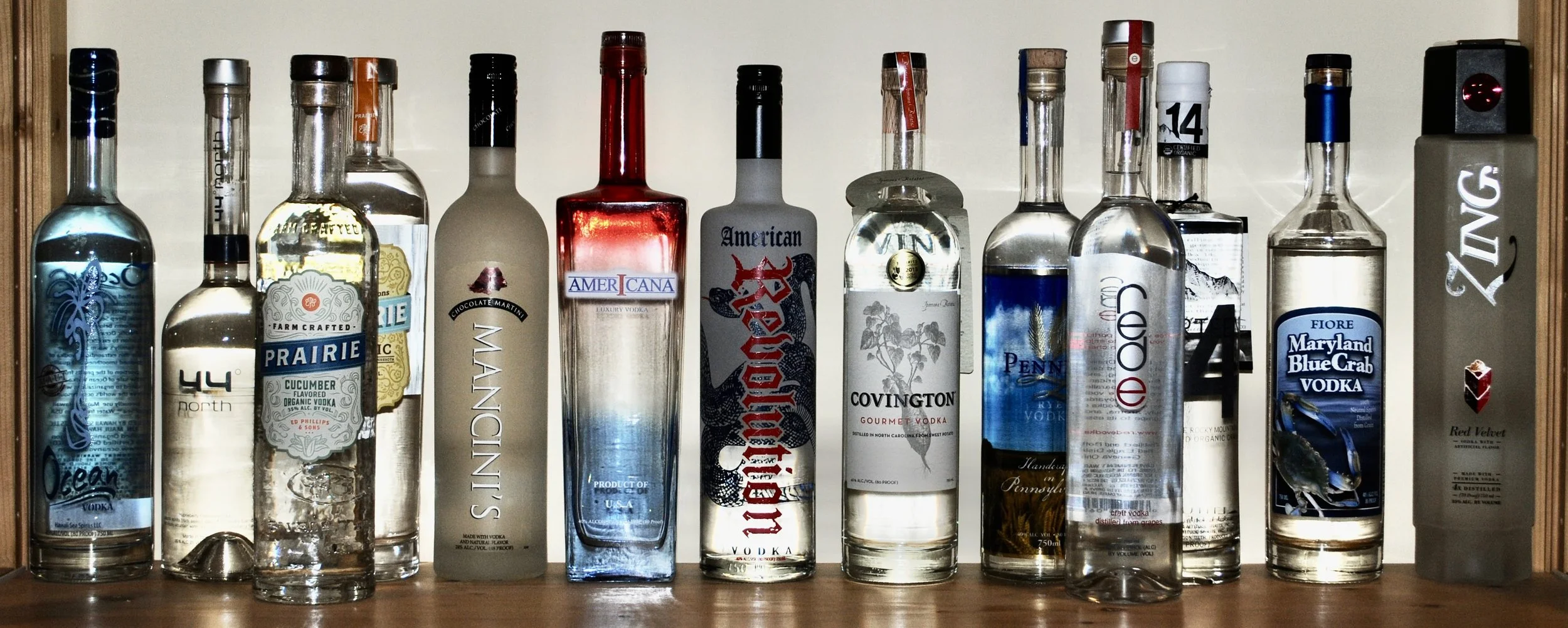 USA - Ocean (tall bottle), 44 North, Prairie, Prairie – cucumber, Mancini’s – chocolate martini, Amer1cana, American Revolution, Covington, Penn 1681 (duplicate), Red e, Fourteen 14, Fiore MD Blue Crab, Zing – red velvet cake 

