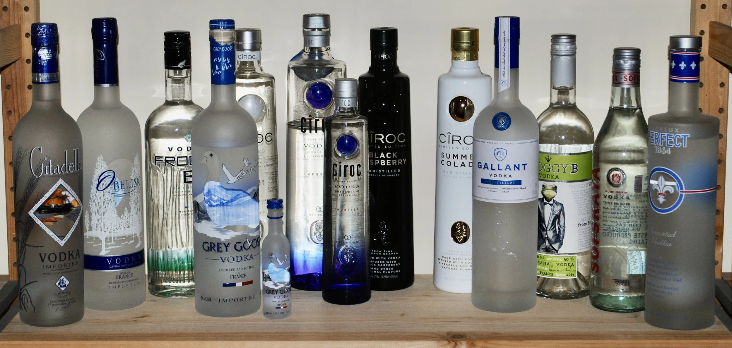 Citadelle 
Obelisk 
Froggy B, 
Grey Goose, 
Ciroc – coconut, 
Ciroc, 
Ciroc – black raspberry, 
Ciroc – summer colada, 
Gallant, 
Sofskaya, 
Perfect 1864 