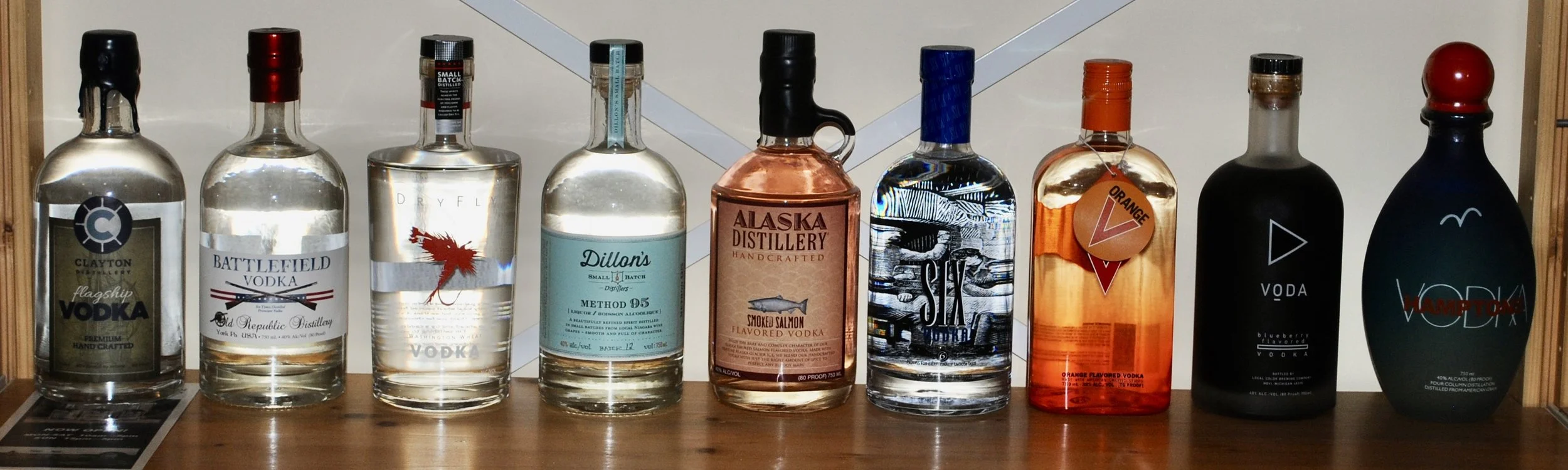 SHORTIES 1 - Clayton Flagship, Battlefield (Old Republic), Dry Fly, Dillons Method 95, Alaska Smoked Salmon, Six, Orange V, Voda – blueberry, Hamptons Vodka 
