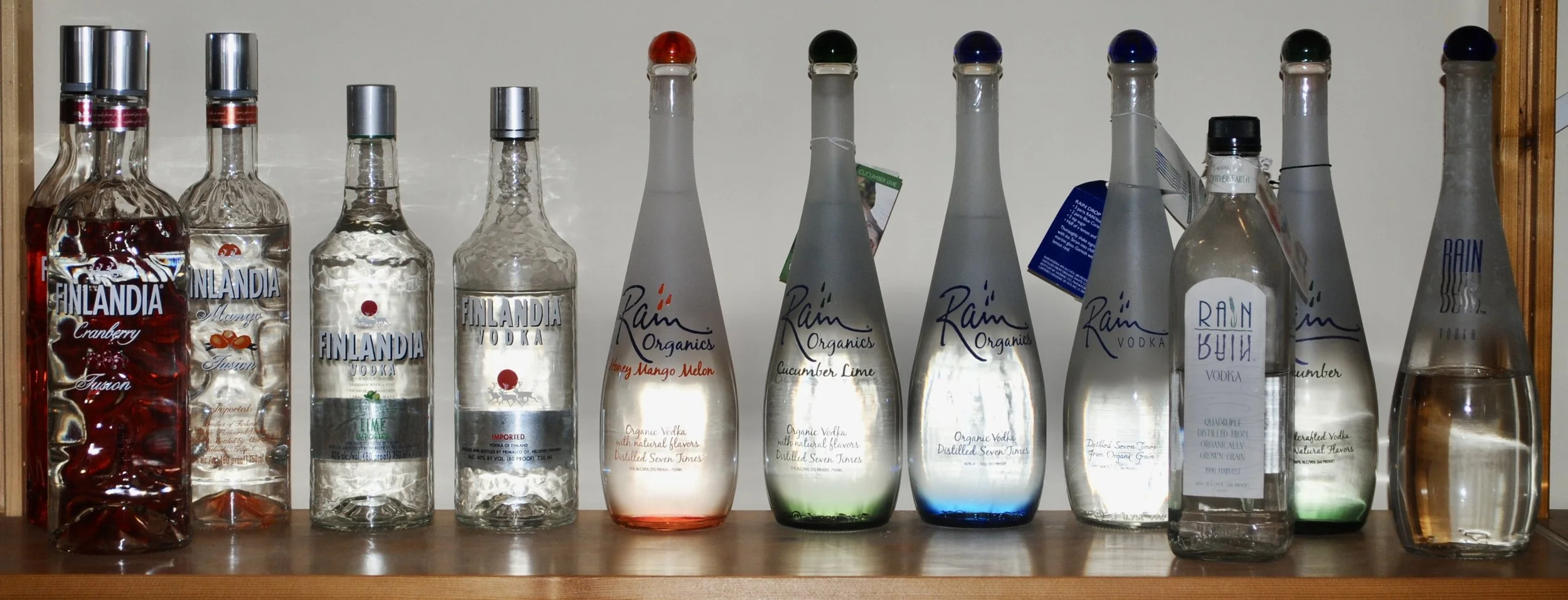 Finlandia – redberry, 
Finlandia – cranberry, 
Finlandia – mango fusion, 
Finlandia – lime, 
Finlandia, 
Rain – honey mango melon, 
Rain – cucumber lime, 
Rain – 4 evolving bottle designs, 
Rain – cucumber 