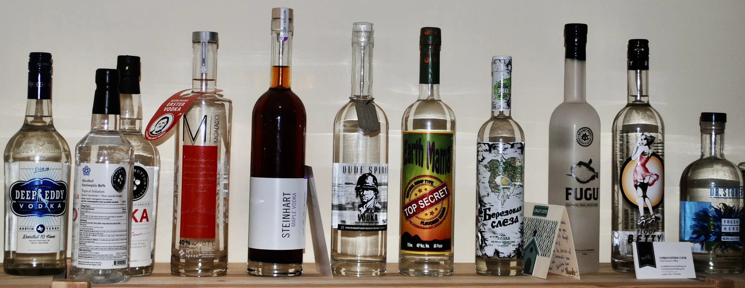 Black Button, 
Black Button – 80% rubbing alcohol,
Monaco, 
Steinhart – maple, 
Dude Spirit, 
Earth Mama, 
(??) – russian lettering, 
Fugu, 
Sloop Betty, Dr Stoners