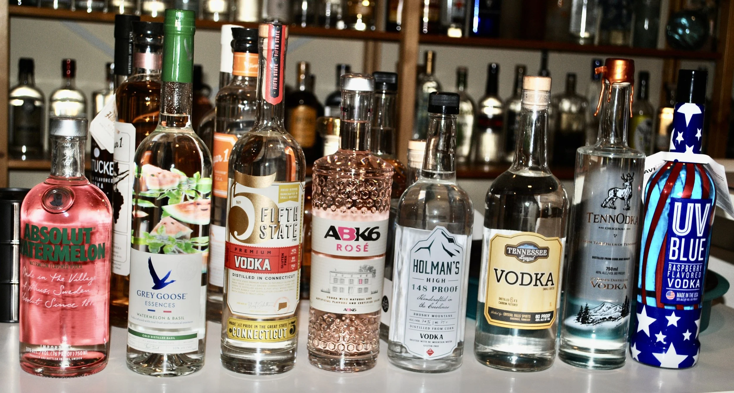 Absolut - watermelon, Grey Goose Essence – watermelon basil,  
5th State (CT), 
ABK6 – rose, 
Holman’s 148 Proof, 
Tennessee Legend, 
Tennodka, 
UV Blue – raspberry 