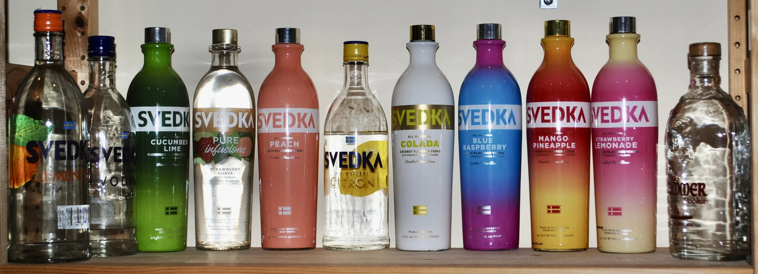 Svedka – clementine, 
Svedka, 
Svedka – cucumber lime, 
Svedka – strawberry guava, 
Svedka – citron, 
Svedka – colada, 
Svedka – blue raspberry, 
Svedka – mango pineapple, 
Svedka – strawberry lemonade, 
Thor’s Hammer 