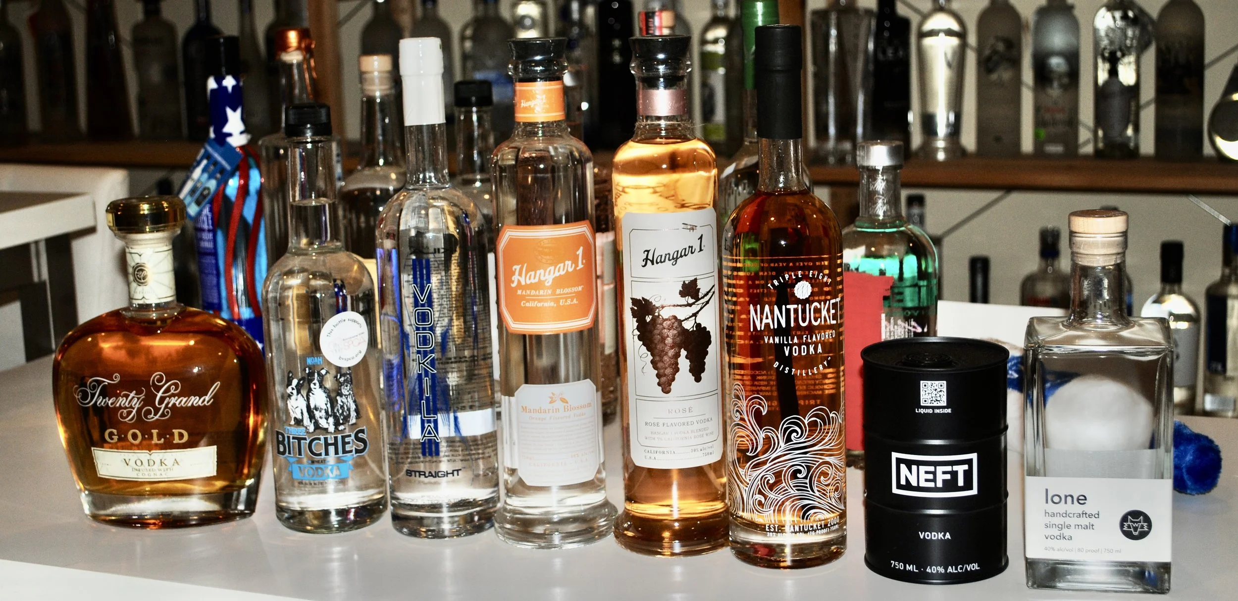 Twenty Grand Gold (cognac), 
Three Bitches, 
Vokila Straight, 
Hanger 1 – mandarin blossom, 
Hanger 1 – rose, 
Nantucket – vanilla, 
NEFT (metal can), 
Grey wolf – Lone Vodka 