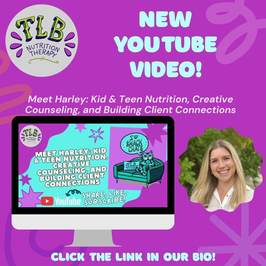 Check out this episode of Snack Chats with TLB Nutrition Therapy! In this episode, Sarah chats with Harley, one of our in-person dietitians in Austin, TX. Harley brings playful energy and deep compassion to her work with children, teens, young adults
