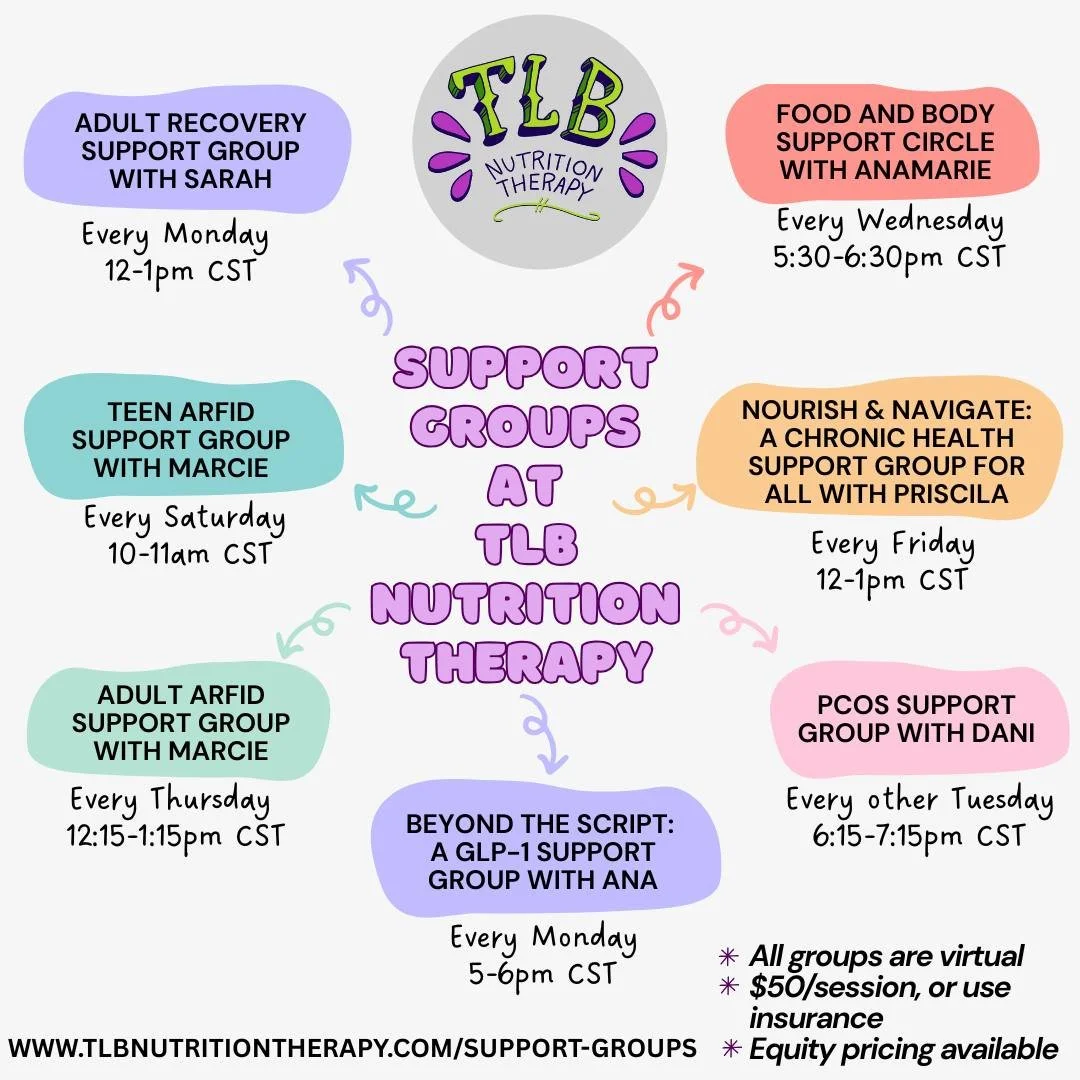 Looking for connection, support, and a space where you don&rsquo;t have to explain yourself? We offer a variety of virtual support groups led by compassionate registered dietitians.

Our current groups include:
&bull; Adult Recovery Support
&bull; Ad