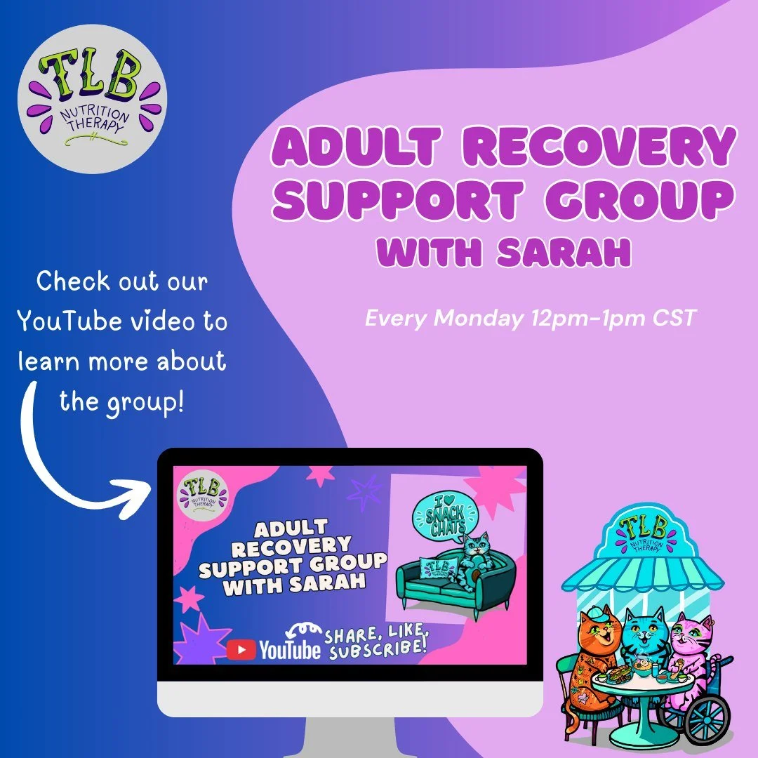 Sarah, one of our team lead dietitians and our outreach coordinator, is sharing all about her Adult Recovery Support Group 💛 This virtual Monday group is a supportive, diagnosis-optional space for adults navigating their relationship with food, body
