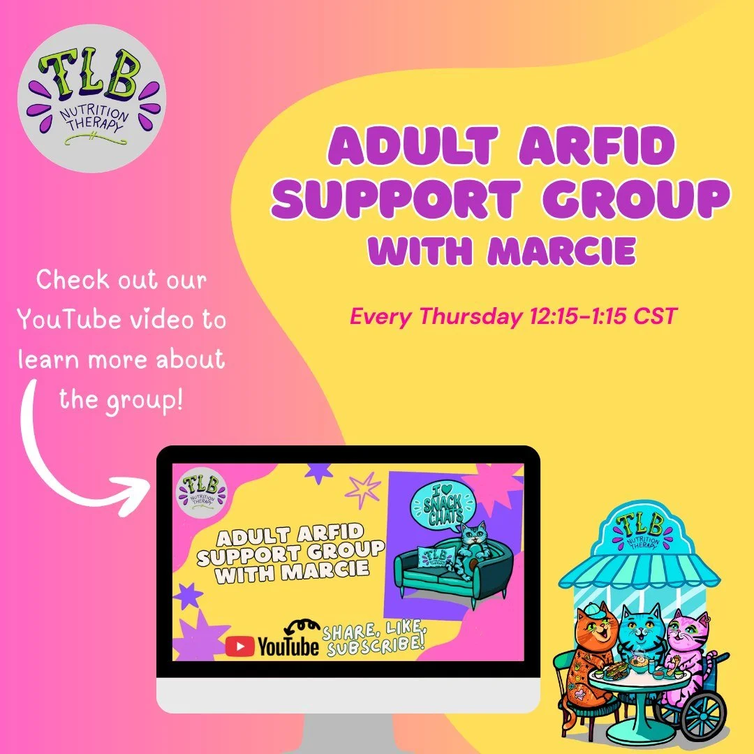 Marcie, one of our team lead dietitian, shares an inside look at TLB&rsquo;s Adult ARFID Support Group 💛 A welcoming, nonjudgmental space for adults (18+) navigating ARFID &mdash; whether newly diagnosed or years into recovery.
This weekly virtual g
