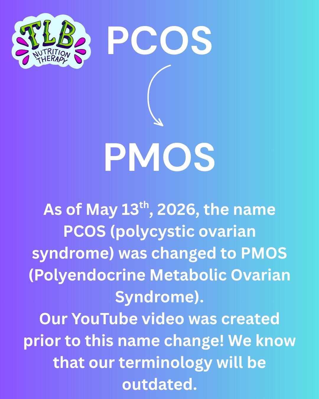 As language and research continue to evolve, so does the terminology we use in healthcare.

As of May 13th, 2026, PCOS (Polycystic Ovarian Syndrome) has been renamed PMOS (Polyendocrine Metabolic Ovarian Syndrome).

Some of our previously created con
