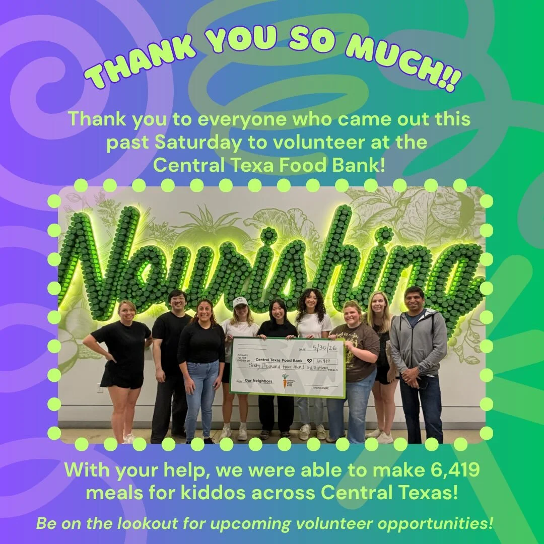 A huge thank you to everyone who came out this past Saturday to volunteer with us at the @ctxfoodbank !! With your help, we were able to make 6,419 meals for kiddos all across Central Texas 💜
.
Our next volunteer opportunity is a Hygiene Drive on Sa