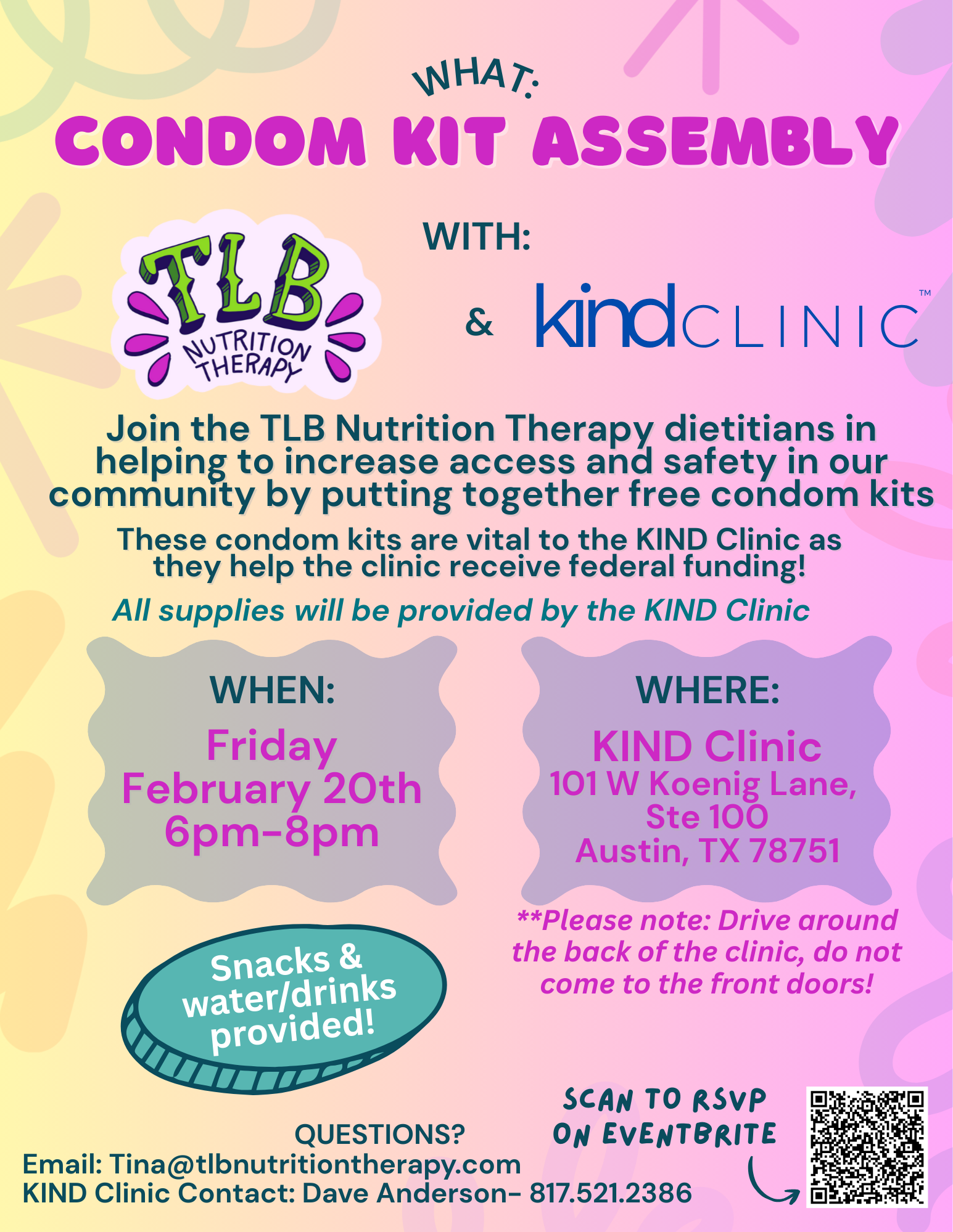 A colorful flyer announcing a condom kit assembly event with TLB Nutrition Therapy and KIND Clinic, including date, time, location, and RSVP details.