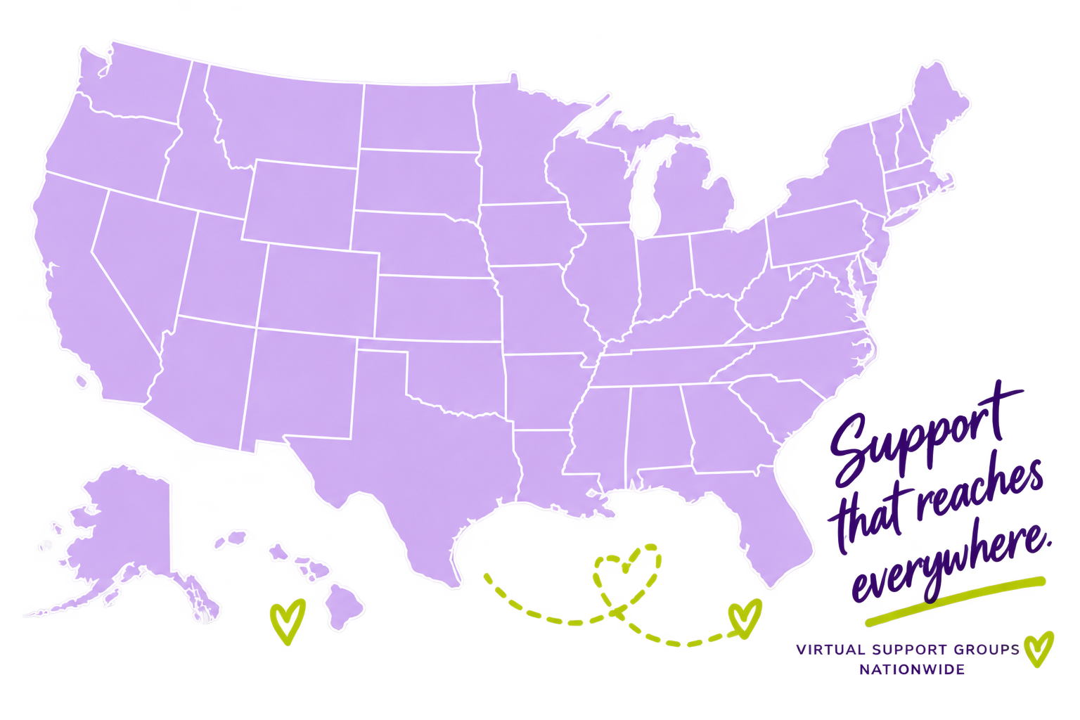 Lavender map of the united states saying "virtual support nationwide"