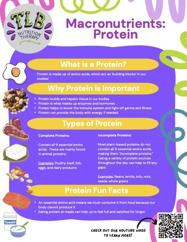 Educational infographic about macronutrients focusing on protein, from TLB Nutrition Therapy, featuring sections on what protein is, why it's important, types of protein, and fun facts, with colorful illustrations and a QR code.