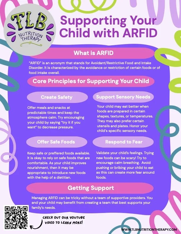 Informational flyer titled 'Supporting Your Child with ARFID' from TLB Nutrition Therapy. It explains ARFID as Avoidant/Restrictive Food Intake Disorder, mentioning core principles such as creating safety, supporting sensory needs, offering safe foods, and responding to fear. The flyer emphasizes managing ARFID through team support and includes a QR code and website link.