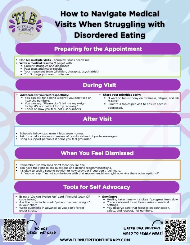 A printable guide titled 'How to Navigate Medical Visits When Struggling with Disordered Eating,' divided into four sections: Preparing for the Appointment, During Visit, After Visit, and When You Feel Dismissed. It offers tips for effective communication, self-advocacy, and managing disordered eating during medical appointments, with a QR code and website link at the bottom.