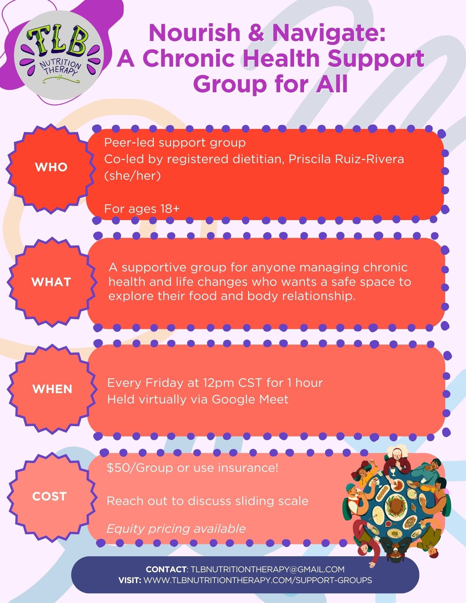Flyer for a chronic health support group named 'Nourish & Navigate,' led by registered dietitian Priscila Ruiz-Rivera, for adults 18 and older, offering virtual meetings every Friday at noon CST, with a cost of $50 or insurance payment, encouraging contact via email and providing website information.