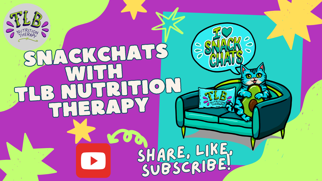 Bright, colorful graphic promoting a YouTube channel called SnackChats with TLB Nutrition Therapy, featuring a cartoon cat sitting on a teal couch with TLB branded pillow and snack, surrounded by star shapes and text encouraging viewers to share, like, and subscribe.