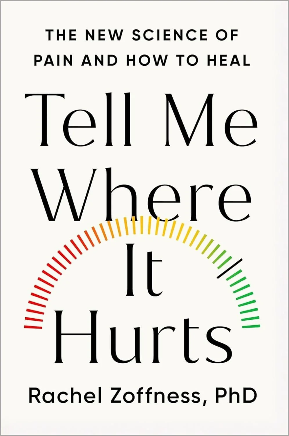 Book cover titled 'The New Science of Pain and How to Heal: Tell Me Where It Hurts' by Rachel Zoffness, PhD, featuring a semi-circular gauge with red, yellow, green, and black sections.