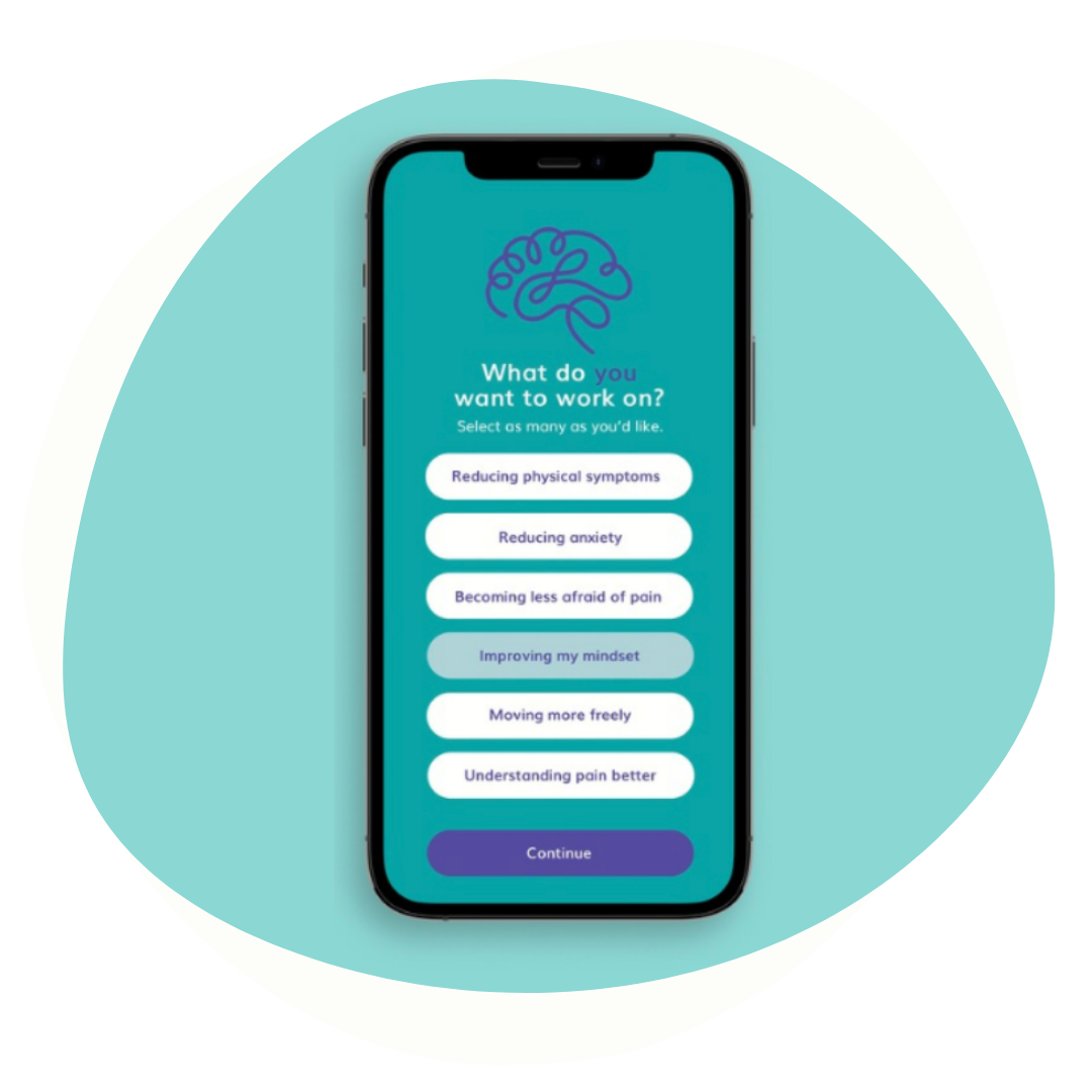 Smartphone displaying a mental health app screen with options for working on reducing physical symptoms, anxiety, fear of pain, improving mindset, moving freely, and understanding pain better.