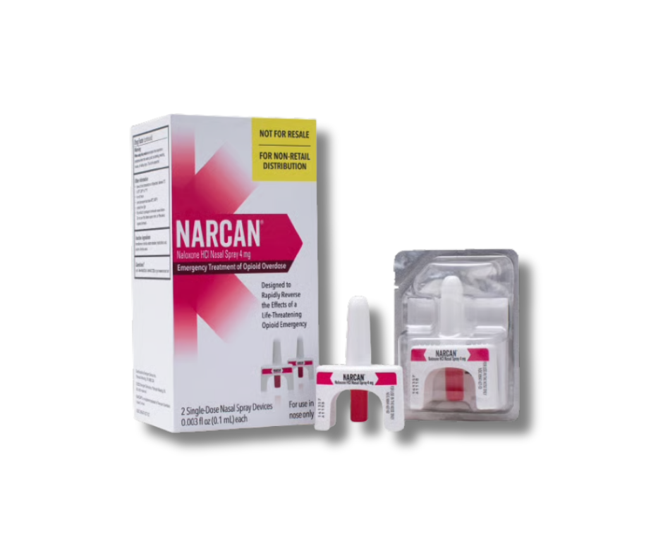 Box of Narcan nasal spray medication with one dose in front of the box on a white background.