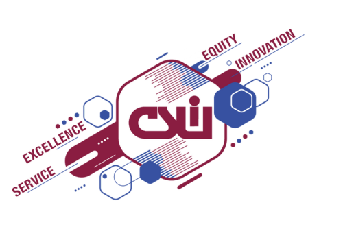 Graphic with the CSIU logo, surrounded by words 'Excellence,' 'Service,' 'Equity,' and 'Innovation,' in red and blue colors.