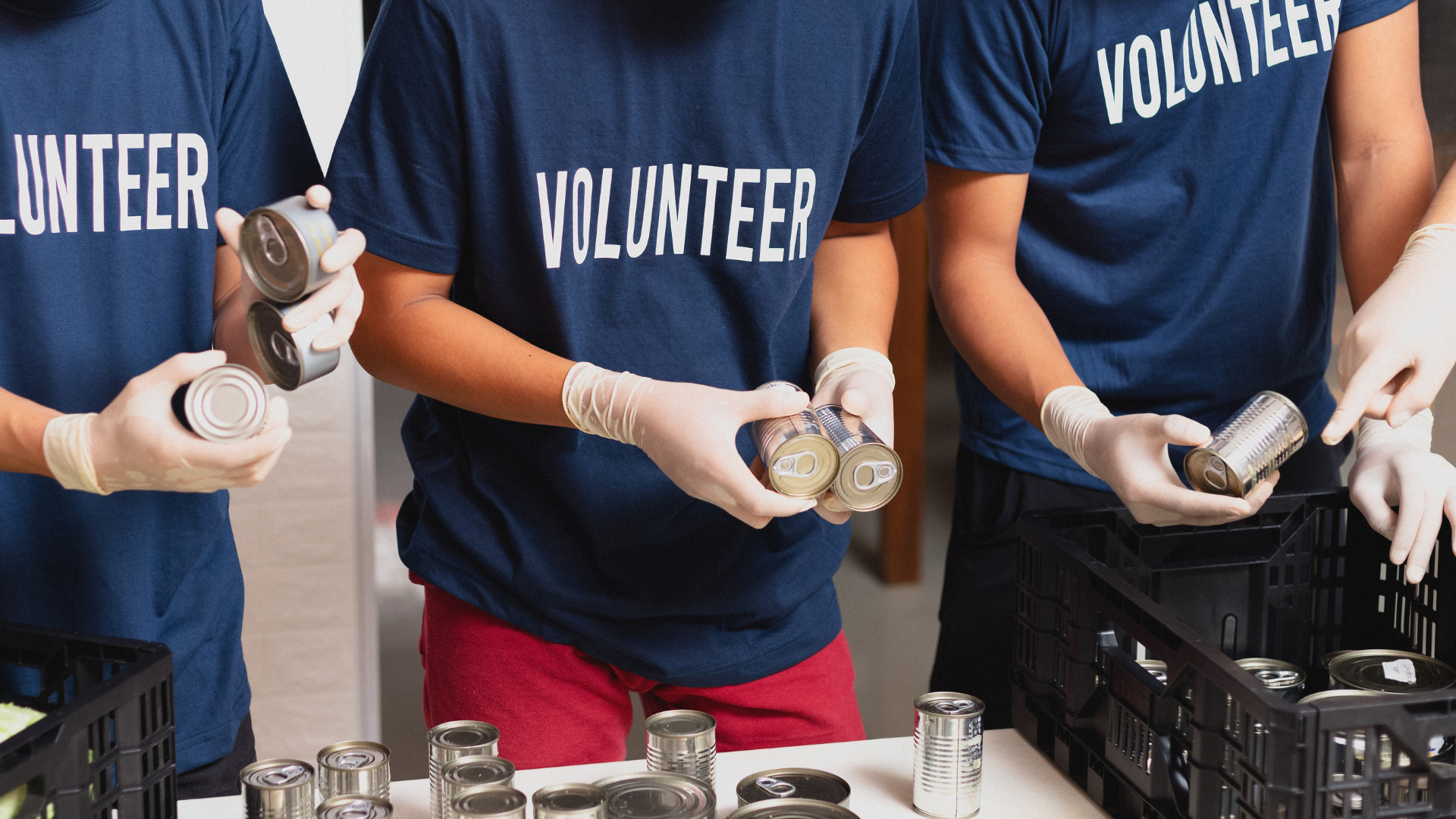Volunteer workers sorting cans for a donation or recycling effort, wearing blue t-shirts that say 'Volunteer' and white gloves.