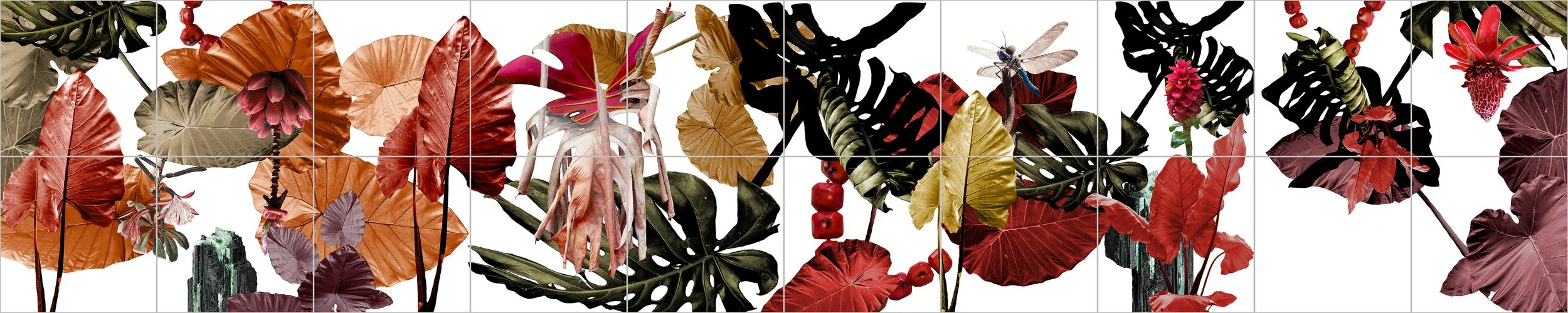 "Urucum I" (2023) | Conjunto de 16 azulejos 20x20cm | 45x40x40cm (Banco) e 40x160cm (painel) | Impressão sobre azulejos aplicados em base cimenticia | Edição 1/10