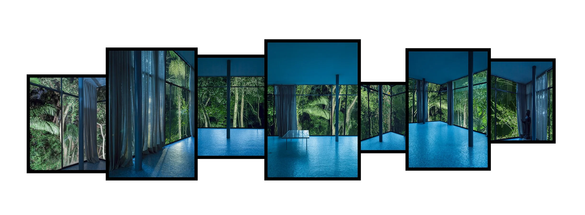 "Noturno" (2018) | 238cm altura x 763cm largura x 100cm profundidade |  Estrutura de alumínio com base em aço pintado, imagens impressas em Clearfilm aplicada em placas de acrílico, fixada na estrutura | Edição 3