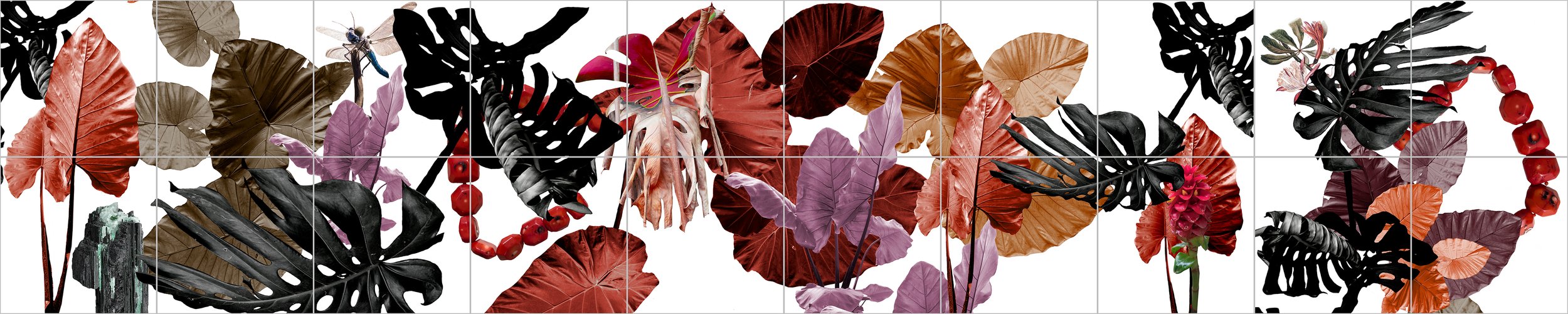 "Urucum III" (2023) | Conjunto de 16 azulejos 20x20cm | 45x40x40cm (Banco) e 40x160cm (painel) | Impressão sobre azulejos aplicados em base cimenticia | Edição 1/10