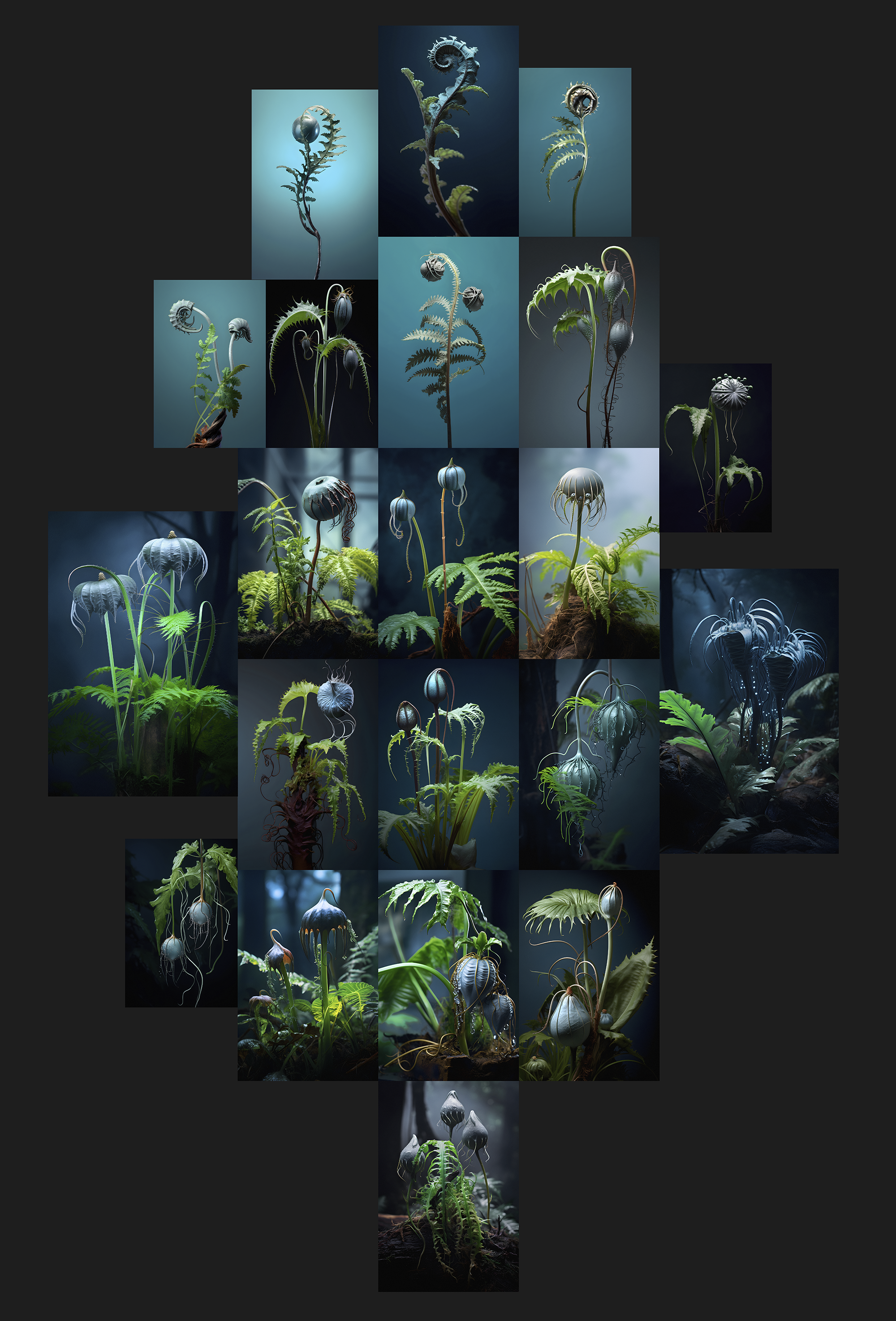 "Viveiro VII" (2023) | Conjunto com 21 peças diversos tamanhos | 120x90cm | Impressão fineart sobre papel Hahnemühle photo RAG Metallic 340gms montada com moldura de madeira grafite | Edição 1/3