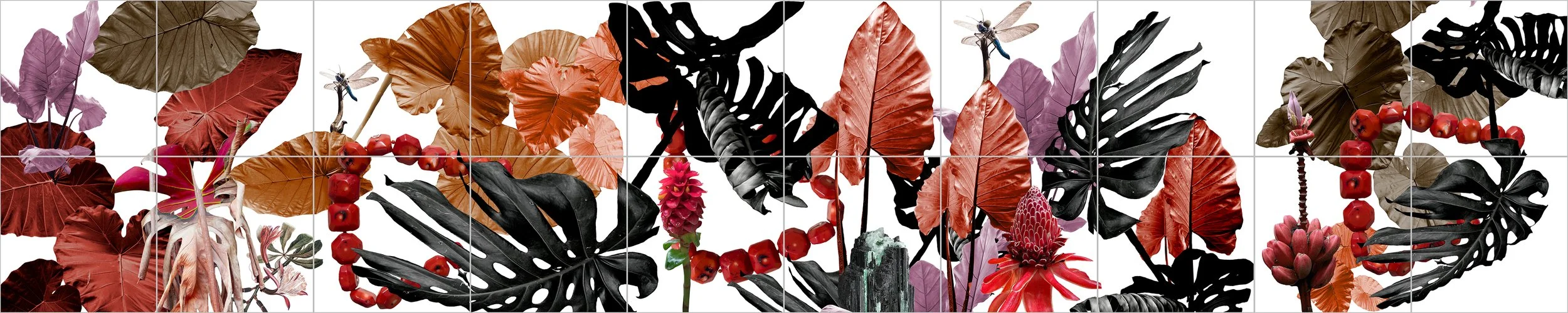 "Urucum II" (2023) | Conjunto de 16 azulejos 20x20cm | 45x40x40cm (Banco) e 40x160cm (painel) | Impressão sobre azulejos aplicados em base cimenticia | Edição 1/10