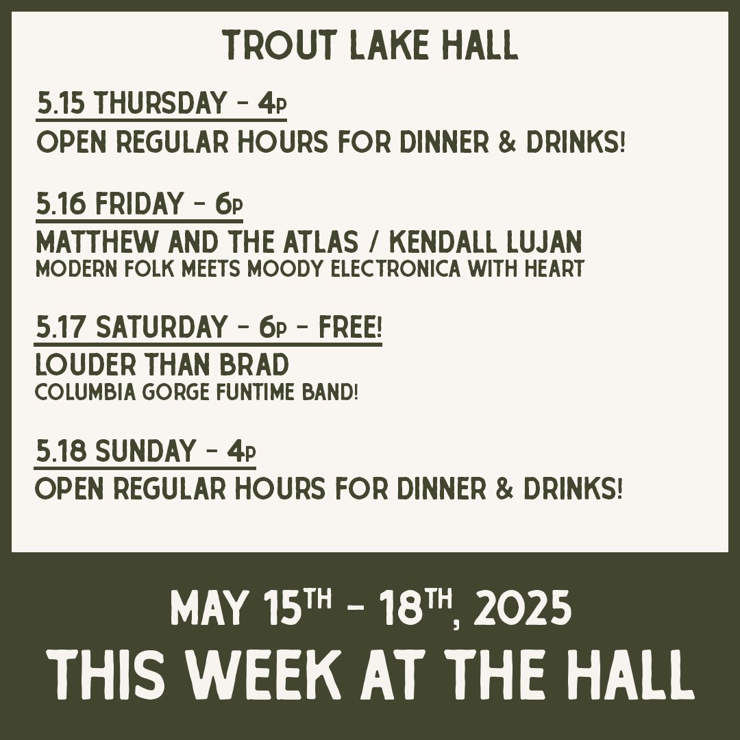 🎶 This Week at The Hall: May 15–18 🎶
Thursday, May 15th - Open regular hours!
4p - Late come by for dinner and drinks!
Friday, May 16 - @matthewandtheatlas / @kendalllujanmusic
An evening of moody folk, haunting vocals, and raw songwriting