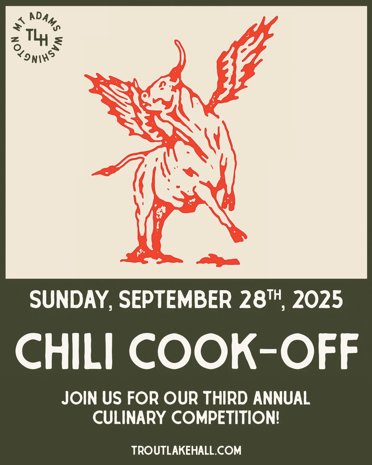 🔥 3rd Annual Chili Cook-Off 🔥
We’re celebrating 3 years of Trout Lake Hall the tastiest way we know how!
🍲 Your ticket gets you 8 tastings + 3 voting tokens to help crown the People’s Choice Winner. Voting ends at 6:45pm, with the Gra