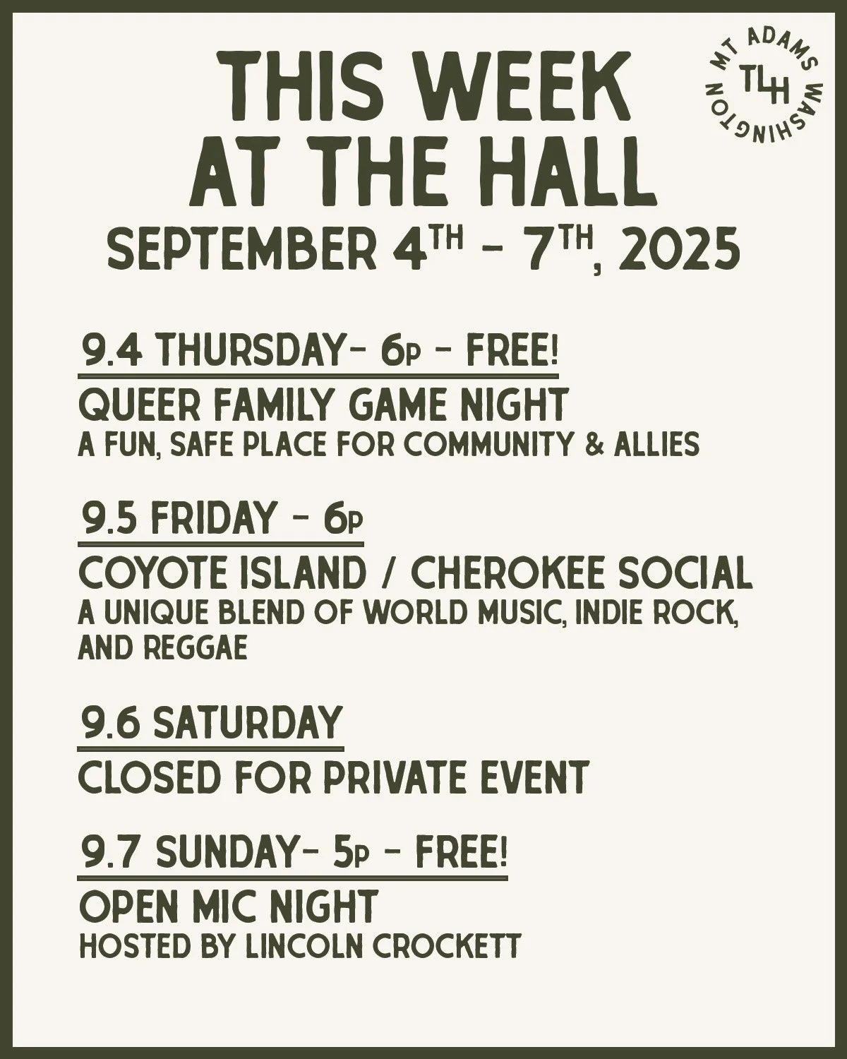 ✨ This Week at The Hall - September 4–7, 2025
Thursday, Sept 4 — Queer Family Game Night
FREE · 6pm · All Ages
A fun, safe space for community and allies. Bring your favorite games or jump into Mario Kart on the big screen.