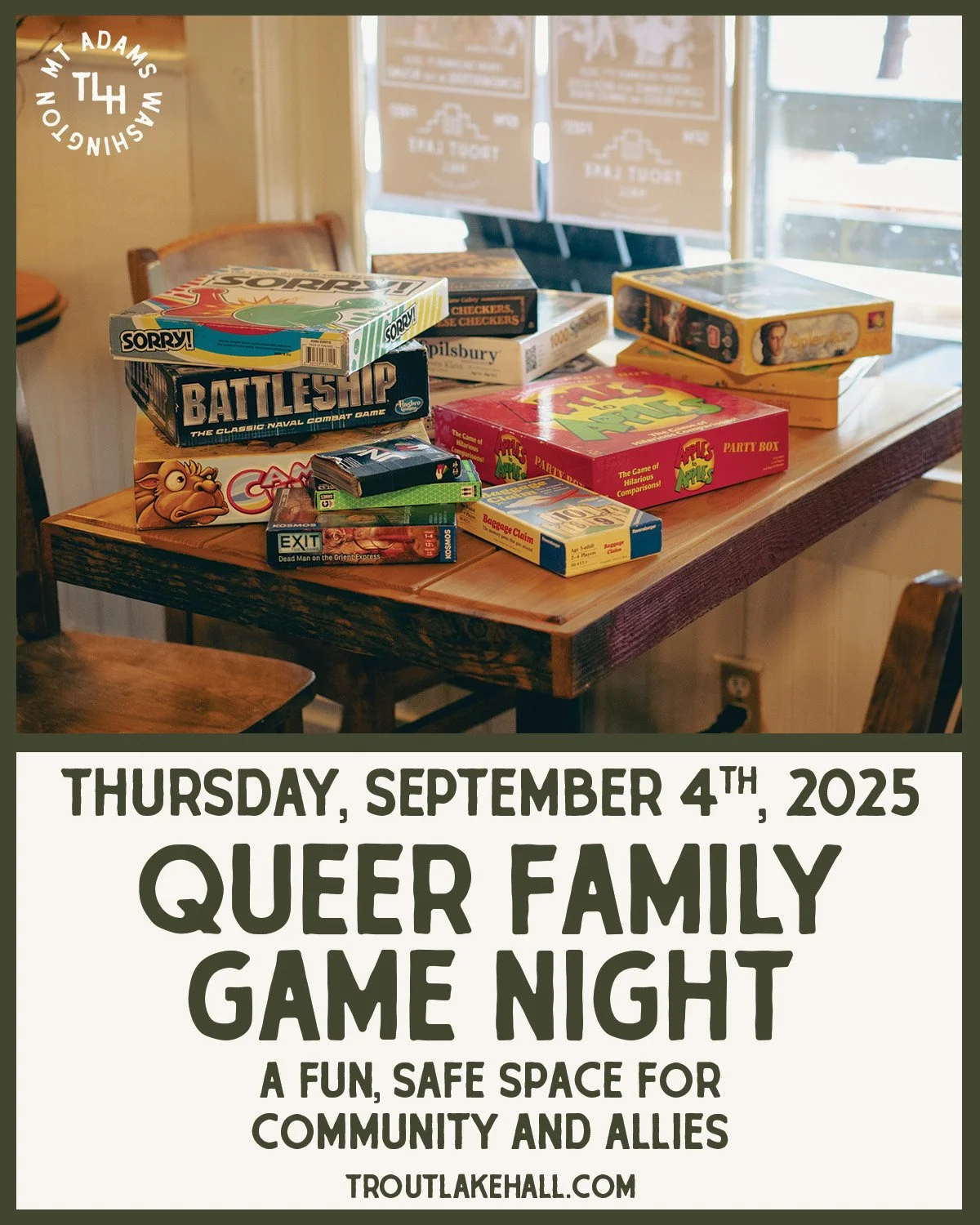 Thursday, Sept 4 — Queer Family Game Night
FREE · 6pm · All Ages
Join us for Queer Family Game Night — a safe and fun space for community and allies. Bring your favorite games or dive into house games like Mario Kart on the