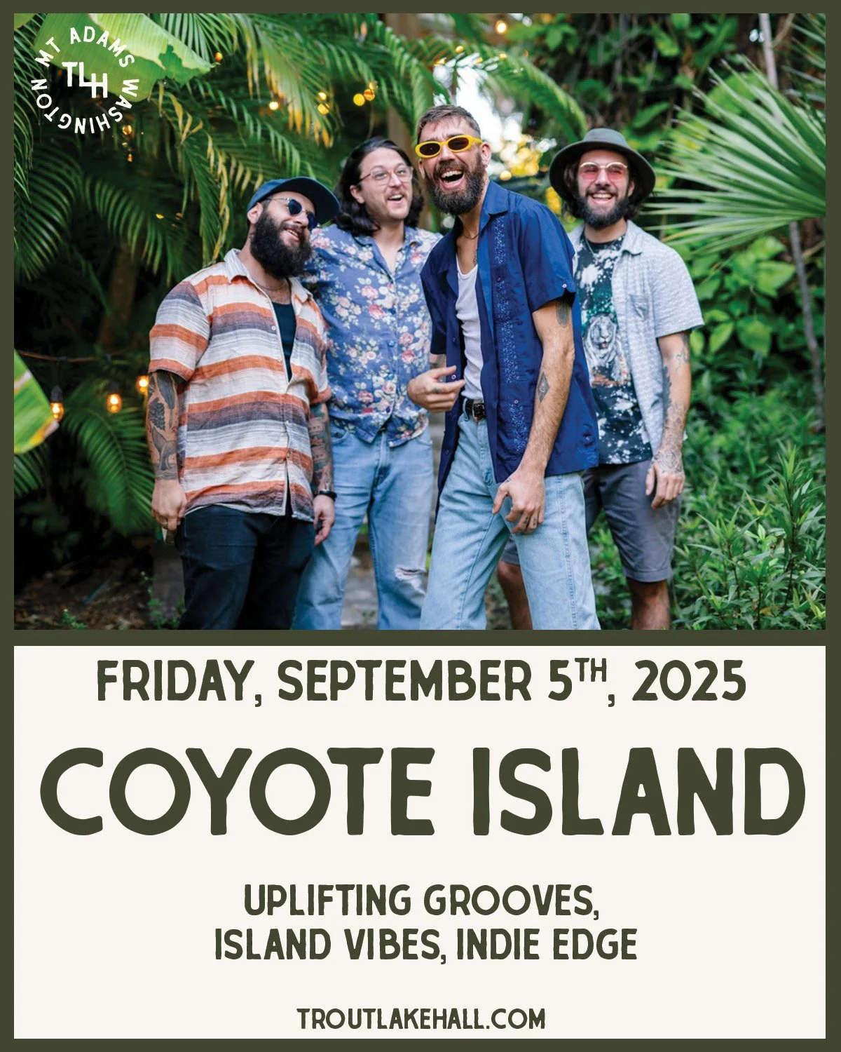 Friday, Sept 5 — Coyote Island / Cherokee Social
$17 Adv // $20 Day Of · Doors 6pm / Show 7pm · All Ages
Get ready for a genre-bending night of world music, indie rock, reggae, and soul at The Hall!
• @coyoteisland brings