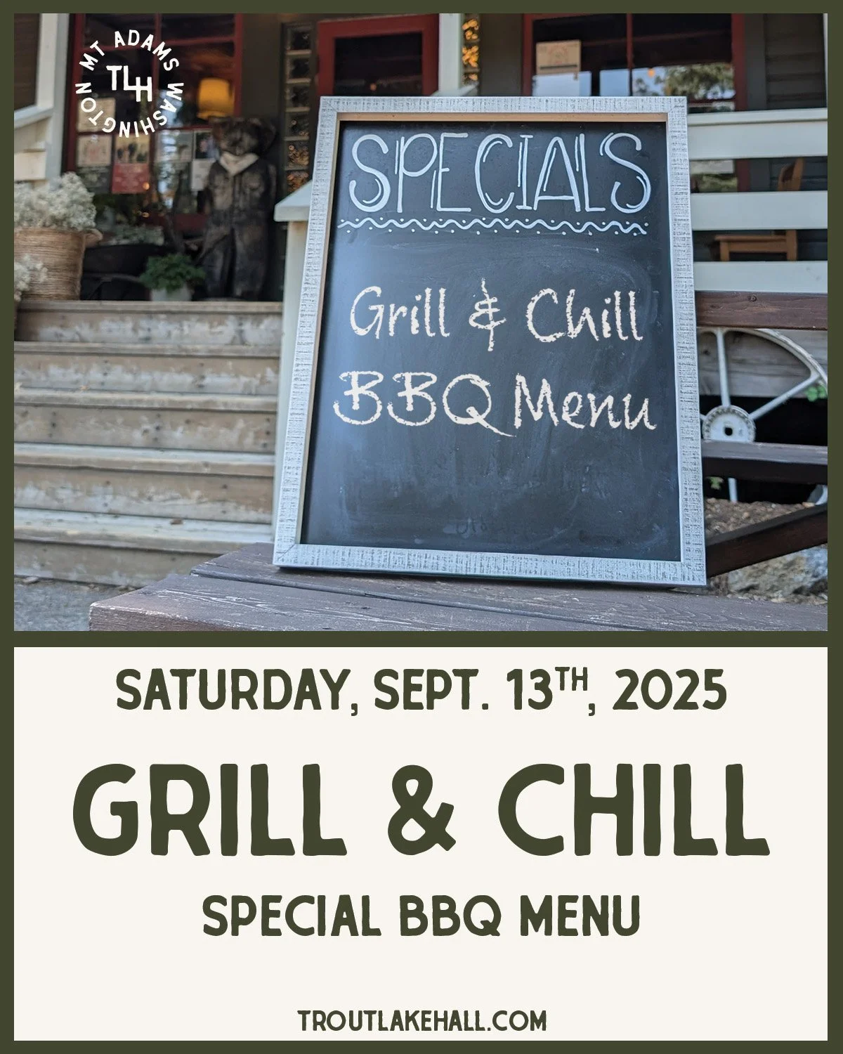 🍔 Grill & Chill
Saturday, September 13
All Evening · Patio Hang
Soak up the last of summer on our front patio. We’ll fire up the grill and serve a special BBQ dinner menu — eat like it’s your own backyard party, withou