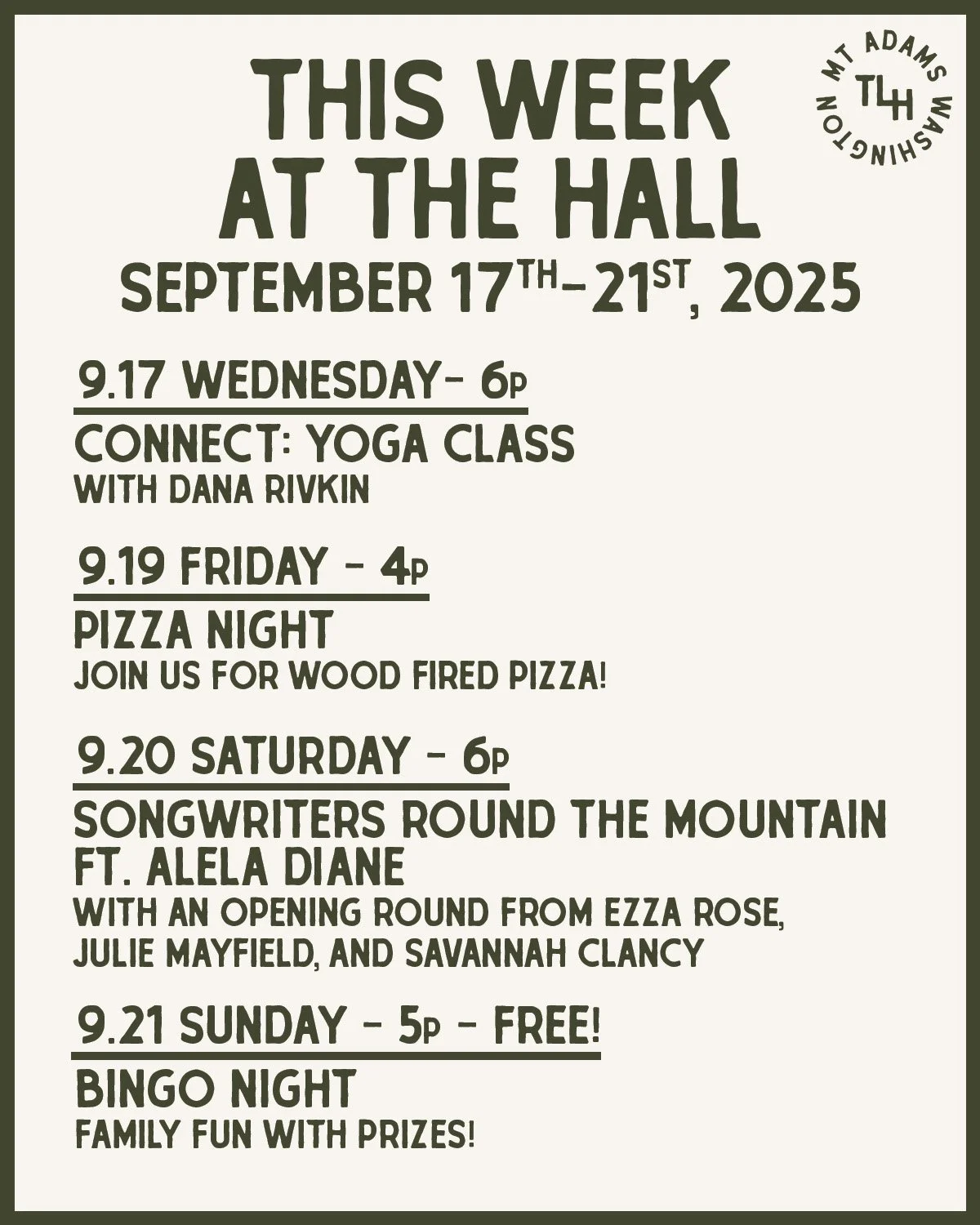 πΆβ¨ This Week at The Hall - September 17–21, 2025
Wednesday, Sept 17
Connect: Yoga Class w/ @connectinbreath
6–7:15pm · $15 · All Ages
Slow down, breathe, and find your rhythm through movement, meditation, and asana. All le